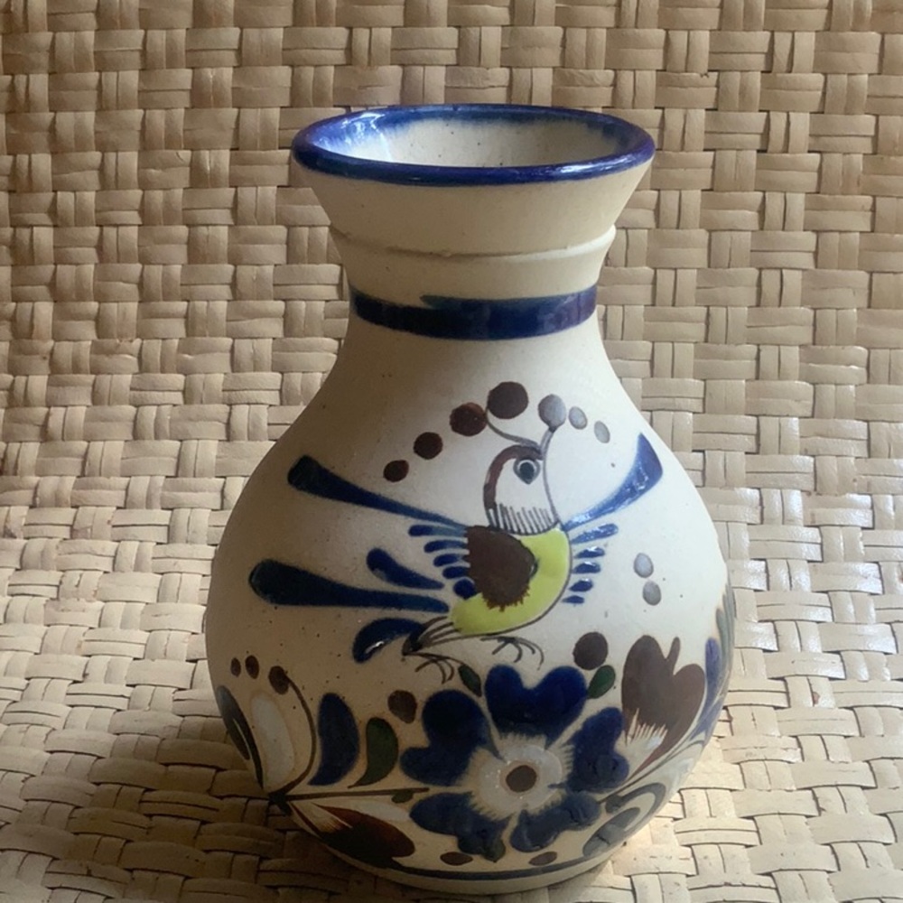 MEXICAN POTTERY VASE WITH COBALT FLOWER & WINGED BIRD DEPICTION